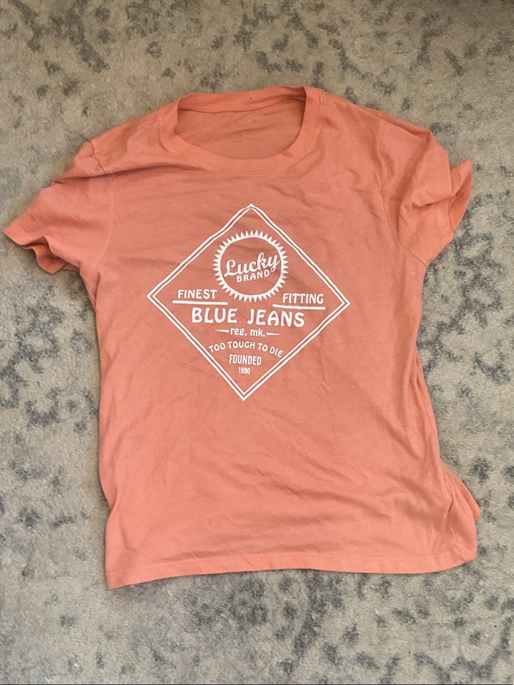 coral-orange short-sleeve Lucky Brand graphic t-shirt size small